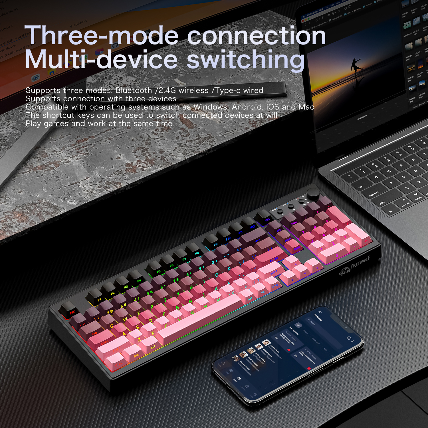 FREEWOLF k100 three-mode silen - Keyboard Gaming Mac reseña y precio